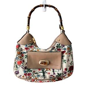 Euro Wellness Bamboo Handle Floral Canvas Shoulder Bag Cream Multicolor Purse